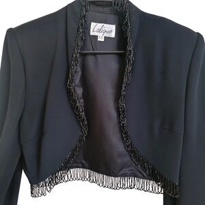 Lalique Designs Vtg Black Beaded Fringe Open Front Cropped Blazer Jacket Size 10